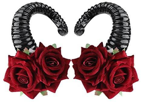 MWOOT Donne Costumi Halloween Gotico Corna Demoniaca Forcine Capelli, Corno Rosa Copricapo Accessori, Corno Pecora Nera con Fiori Rossi per Diavolo Streghe Festa Cosplay Decorazione Capelli