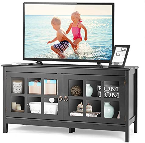 CASART TV Cabinet for TVs up to 50”, 3 Tiers Media Entertainment Center with 2 Glass Doors, Wooden TV Console Table for Living Room, Bedroom, Office (Black)