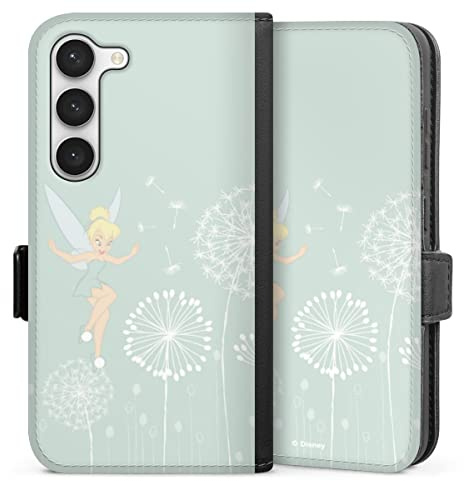 Klapphülle kompatibel mit Samsung Galaxy S 23 Handyhülle aus Kunst Leder schwarz Flip Case Tinkerbell Pusteblume Disney