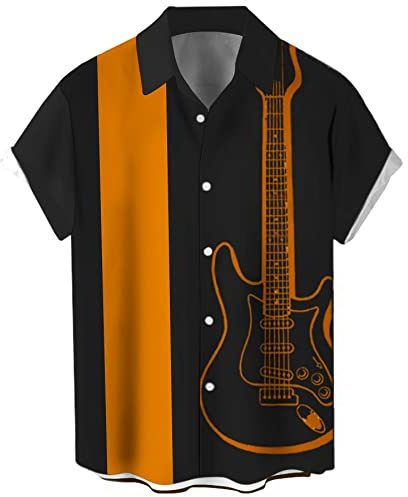Herren Vintage Bowling Shirt 1950er Retro Rockabilly Stil Kurzarm Button Down Musik Hawaiihemden, Mittel