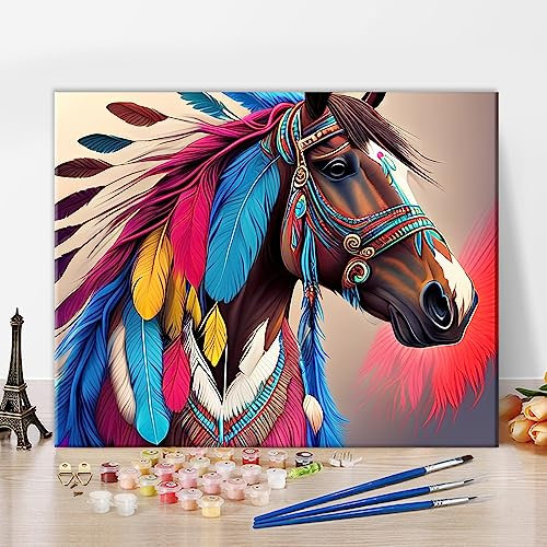 TISHIRON Peinture par numéros pour adultes et enfants - Cheval Natif American Indian - Kit de peinture à l'huile sur toile avec pinceaux et pigments acryliques - Non pliant