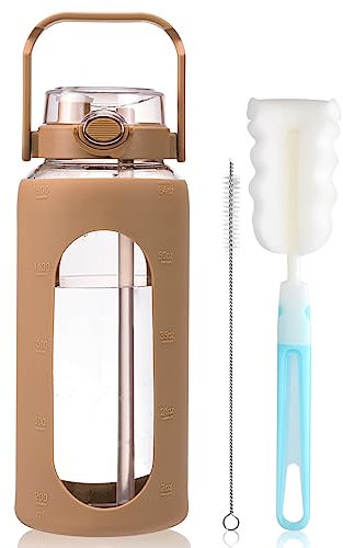 Moretoes Glaswasserflasche, Glasflasche mit Silikonhülle und Zeitmarkierung, für Fitnessstudio, Zuhause, Büro, Bernstein