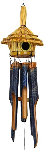 GURU SHOP Exotisches Klangspiel-Windspiel aus Bambus - Vogelhäuschen 3, Blau, 52x15x15 cm, Windspiele & Klangspiele