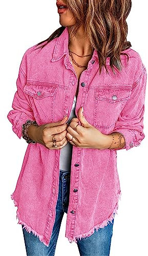 luvamia Giacca di jeans da donna con bottoni e orlo sfilacciato shacket maniche lunghe tasche oversize giacche di jeans, Magenta Rosa, M
