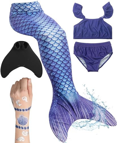 Meerjungfrauenflosse für Mädchen, Kinder, Jugendliche Schwimmfosse mit Bikini und Tattoos | blau schwarz