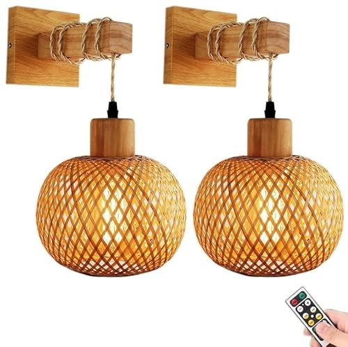 Battery Operated Wall Lights with Remote Control,Non Hardwired Wall Sconces Farmhouse Bamboo Rattan Lantern Wireless Wall Lamp fixtures Indoor Decor for Living Room Bedroom Hallway ( Color : 2 pack )