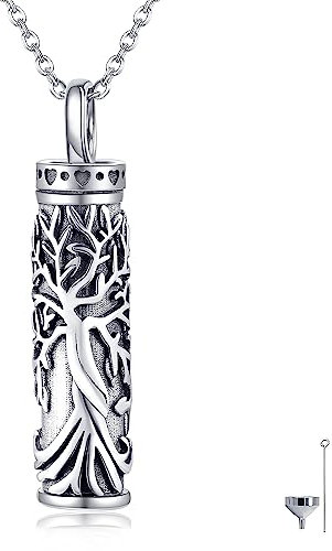 URONE Tree of Life Urn Necklace for Ashes 925 Sterling Silver Tree of Life Cylinder Urn Pendant Necklace Ashes Jewellery Memorial Gifts for Women Men