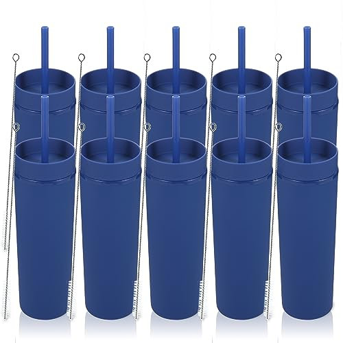 Volhoply 480ml plastique Skinny Gobelets avec Couvercle et Paille Bulk 4 Pack, Isolé Double Paroi Bpa Free Matte Acrylique Gobelets, Café glacé Voyage Gobelets Party Cup,Diy(Bleu Marine,10 Set)