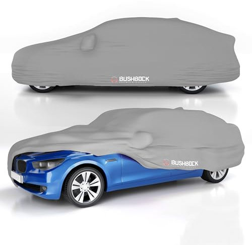 BUSHBOCK® Premium Autoabdeckung Indoor - Satin Schutzhülle Stoff - Abdeckplane Autoplane Autogarage Innenbereich - 2 Farben, 4 Größen (Silbergrau, XL)