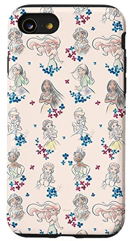 Disney Prinzessin Tiana Belle Jasmin Ariel Skizze Floral Pink Hülle für iPhone SE (2020) / 7 / 8
