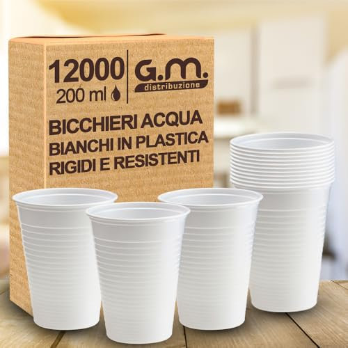 G.M. DISTRIBUZIONE 12000 Pezzi Bicchieri Acqua in Plastica Bianchi da 200 ml, Riciclabili, Extra Rigidi e Super Resistenti, Usa e Getta, Ideale per Casa, Ufficio, Asporto Bevande Fredde