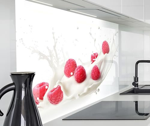 timalo Spritzschutz Wand für Herd, Küche Küchenrückwand Glasoptik | Acryl Glas 2mm | Glasrückwand Acrylglas Wandpaneele Rückwandschutz Platte | 80x50cm Himbeeren und Milch