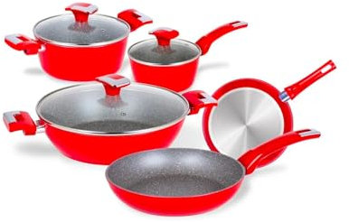 Avilia Set Padelle e Pentole Antiaderenti - Batteria 8 Pezzi con Rivestimento Minerale, Fondo Ideale anche per Piani ad Induzione, con Manici in Bachelite