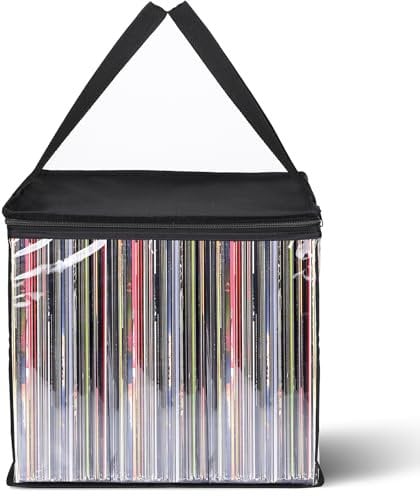 Facmogu Vinyl Record Tragetasche, 12 PVC Clear LP Vinyl Record Aufbewahrungstasche hält bis zu 50 Alben, Album Aufbewahrungstasche mit Griff, Schutz CD LP Plattenhalter für Reisen