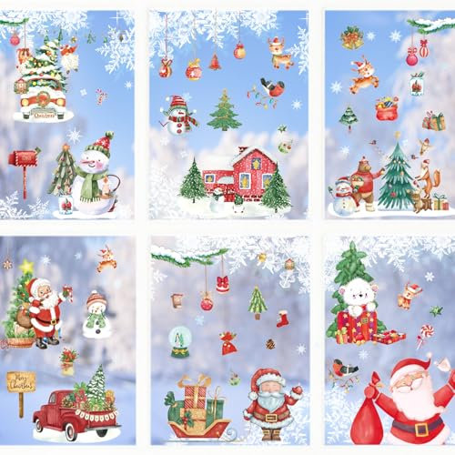 Fensterbilder Weihnachten Selbstklebend, 241Stk Aquarell Fensterdeko Weihnachten Wiederverwendbar, Statisch Haftende fensterbilder Weihnachten Deko für Fenster Glas mit Häuser sterne schneeflocken