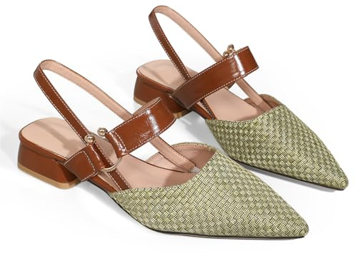 qibusleen Damen Geschlossen Spitze Zehe Kreuz Riemen Slingback Fersen, Low Chunky Block Heeled Sandalen Pumps für Frauen Casual Kleid Niedlich Metall Ring gewebt Slip On Schuhe-Grün-39