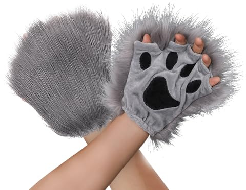 Furry Bear Fox Cat Paw Gloves Faux Fur Cosplay Costume Animal Claw Gloves | Men Women, Werewolf Wolf Dog Claw Paw Gloves Fuzzy Warm Half Finger Gloves Dress Up Props for Halloween Carnival Masquerade