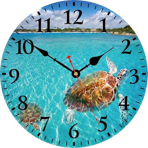 TAHEAT Meeresschildkröte Wanduhr, 20 cm Klein Tropischen Uhren, Holz Batteriebetrieben Geräuschlos Leise Wanduhren für Badezimmer Küche Wohnzimmer Schlafzimmer