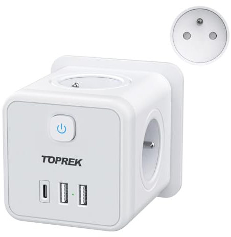 TOPREK Multiprise Murale 7 en 1 - 4 Prises Française 4000W avec USB C (20W PD3.0) & 2 USB A - Chargeur Mural avec Interrupteur - Prise Multiple pour Salon, Bureau, Chambre - Gris