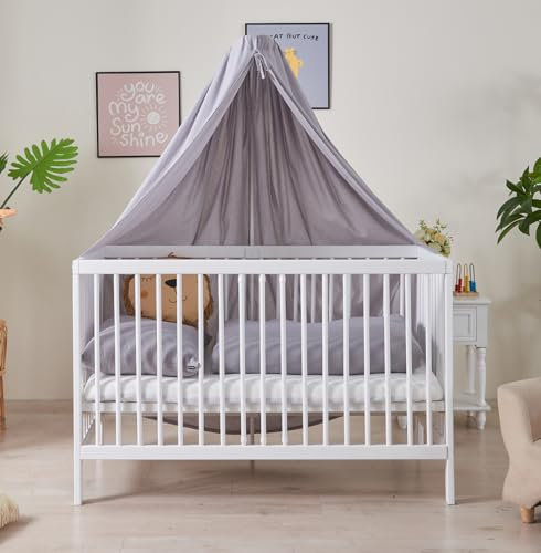 ALAVYA HOME® Komplettbett Babybett 70x140 mit Matratze, Himmel und Himmelstange aus Buchenholz (Tobi - Matratze + Himmel Grau + Himmelstange, 70 x 140 cm)