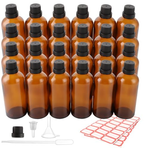 DAJAVE 24 Stück Pipettenflasche 100ml Braunglasflasche, Tropfflasche aus Glas Braune Apothekerflasche Set, Braune Apothekerflaschen mit Tröpfler, Kleine Glasflaschen mit Schraubverschluss