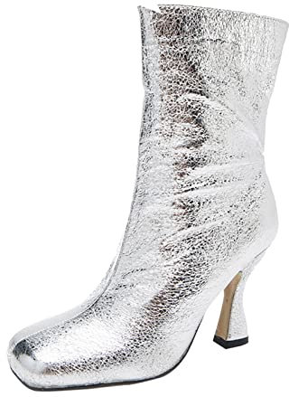 Taglia 10 Tacchi Alti Nuove Donne Medio Cerniera Stivali Tacco Alto Stivali Lucidi Stivali Con Tacco Alto per Le Donne, Argento, 38 EU