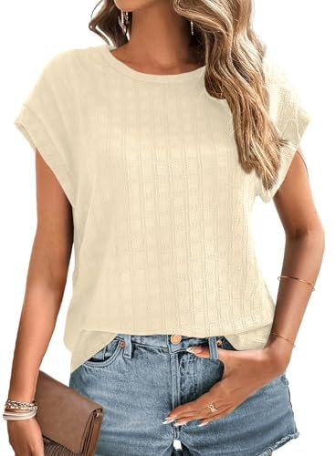 Cuptacc Tshirt Damen Crew Neck Top Mit Flügelärmeln Plaid Oberteile Lang Blouse Elegant Aprikose, Groß L 42-44
