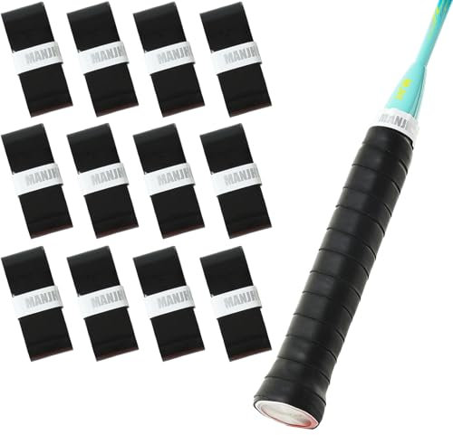 MANJHONG 6/12 Stück Griffband Overgrip - Tennis, Badminton, Squash, Padel und Pickleball Schläger Griffbänder - Weich & rutschfest, Schwarz 12 Stück