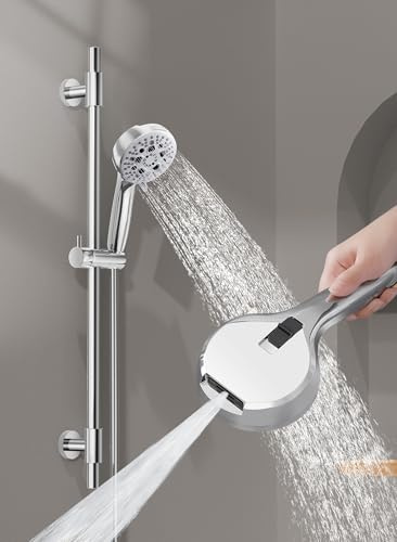 KES Shower Rail Set, 78CM Shower Riser Rail Kit, 9 Sprays High Pressure Handheld Showerhead & 150CM Hose, Built-in Power Wash to Clean Tub Tile & Pet, Wall Mount Polished Finish 18/8 Stainless Steel