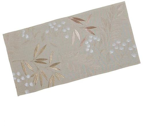 Tischläufer Mitteldecke beige Hellbraun Stickerei Blätter, 40 x 90 cm | Leinenoptik, Glanzeffekte