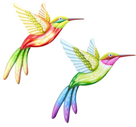 2 grandi colibrì decorativi da parete in metallo, sculture colorate da parete, 22 x 26 cm, grandi ornamenti da appendere per esterni, decorazioni primaverili per giardino, patio, cortile, casa, camera