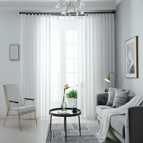 Wycian Rideau Cuisine Japonais Rideau Blanc Voilage Voile 2 Panneaux Fil Couleur Unie 96L x 160H cm