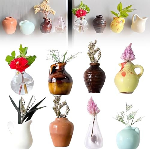 Durdiiy Mini Vase Magnets for Fridge, 8Pcs 3D Cute Ceramic Bud Vases Magnetic,Magnetic Flower Plant Fridge Refrigerator Accessories Kitchen Locker Office Decoration