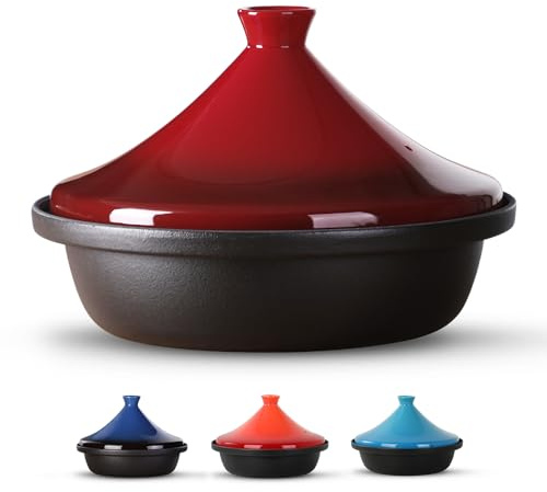 Culivora Moroccan Tagine for Cooking: Enameled Cast Iron Cooking Pot, Slow Cooker, Classic Kitchen Cookware, Tajine with Ceramic Cone-Shaped Closed Lid, 3.3 QT, Red