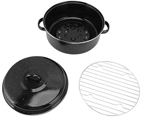 Roasting Pan with Lid Black Speckled Enamel Non Stick BBQ Pot Roaster Pan for Roasted Sweet Potatoes Chestnuts Barbecue Meat Baked Cooking Oven Pans (Iron Cover 26cm)