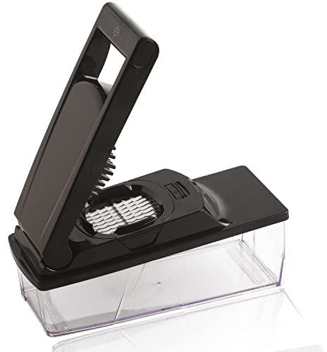 Mastrad – Mandoline avec réservoir – 2 Râpes et 3 Lames Acier Inoxydable – Facile D’Utilisation – Confort & Sécurité – 1 Réservoir - 1 Poussoir - 1 Garde – Coloris Noir F21080