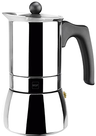 MAGEFESA Genova - Cafetera Italiana de 4 Tazas, Acero Inoxidable 18/10, Mango Ergonómico, Ahorro de Energía, Todo Tipo de Cocinas, Inducción