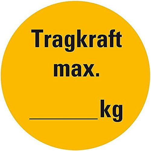 LEMAX® Plakette Tragkraft max...,kg, gelb/schwarz, Dokufolie, selbstkl.,Ø 30mm,18/Bogen