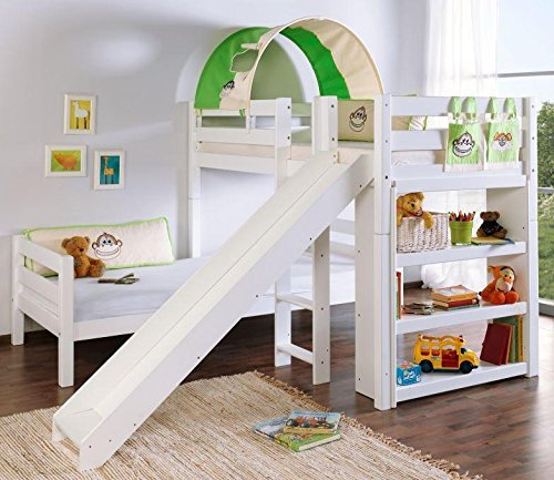 Etagenbett mit Rutsche Beni L Kinderbett Spielbett Bett Weiß Stoff Dschungel