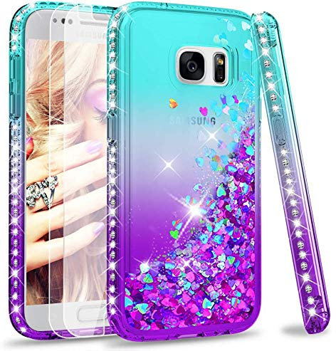 LeYi Hülle für Galaxy S7 Glitzer Handyhülle kompatibel mit Panzerfolie Schutzfolie(2 Stück),Cover Diamond Rhinestone Bumper Schutzhülle für Samsung Galaxy S7 Handy Hüllen Gradient Turquoise Purple