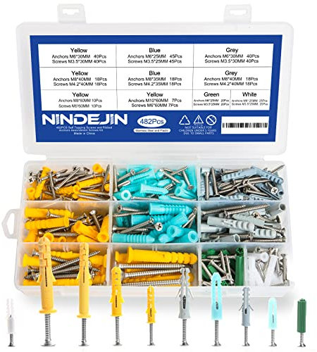 Box Con Viti E Tasselli,NINDEJIN 482 Pezzi vite,Set Completo per Fissaggio calligrafia, armadi da parete per Muro pieno, Mattone Forato, Cartongesso.M3.5 M4.2 M5 M6