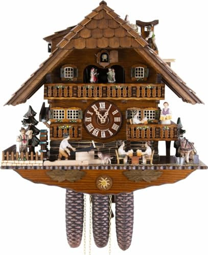 Anton Schneider Kuckucksuhr Schwarzwaldhaus mit beweglichen Biertrinkern und Mühlrad