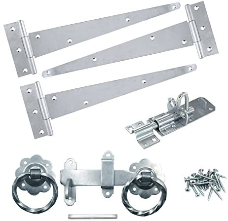 Infinity Decor Garden Gate Kit 12” Tee Hinges (3) Twisted Ring Latch, Brenton Bolt Wooden Barn, Shed Doors, Garage Gate Fittings Kit Galvanized Zinc