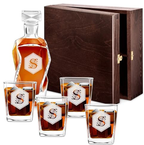 Maverton Whiskey Karaffe + 4 / 6er Whiskygläser Set mit Gravur - 700ml Whisky Dekanter - Weihnachtsgeschenke - Geschenk zum Geburtstag für Männer - Buchstabe