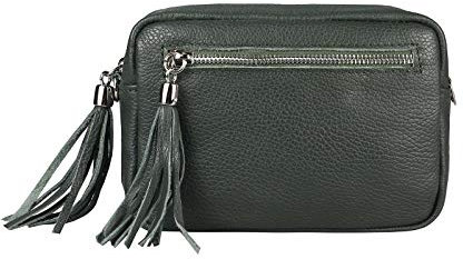 OBC Made in Italy Damen Leder Tasche Umhängetasche Schultertasche Beuteltasche Cross-Over Cross Bag Glattleder Schmucktasche Fransen Ledertasche (Dunkelgrün)