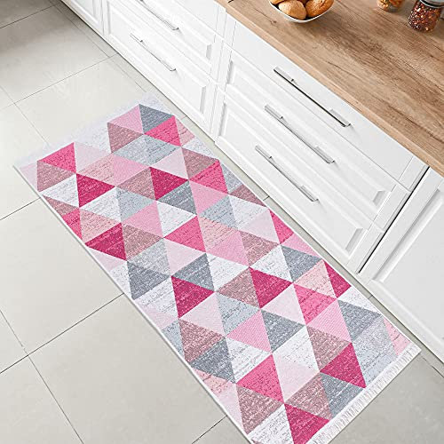 Fashion4Home Teppich Läufer - Tepiche für Wohnzimmer, Schlafzimmer, Küche, Kinderzimmer, Badezimmer - Boho Kelim - Läufer Flur, Karo-Hellrosa, Größe: 60x90 cm