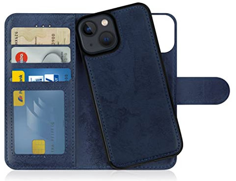 MyGadget Flip Case für iPhone 13 Mini - [ abnehmbare Magnet Hülle ] - Handyhülle aus Kunstleder - [ Klapphülle mit Kartenfach ] Schutzhülle in Dunkelblau