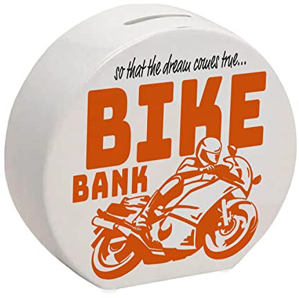 Bike Bank Spardose in orange zum Thema Motorradkauf und Motorrad Fahren schöne Sparbüchse Geschenk für Sparfüchse die Träume eines Bikers mögen oder Sich ihren eigenen Traum