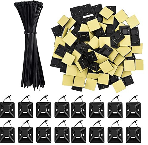 100 Kabelbinder und 100 Kabelbinderhalter Nylon Kabelbinder Klebesockel für Kabelbinder Selbstklebend Montagesockel kabelbinderhalter für Gartenarbeit Hause Büro Kabeln, Schwarz 2x150mm/18x18mm
