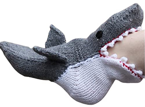 JKSM Stricken Sie Tier Krokodil Socken, Funky Strickmuster Skurrile Alligator Bodensocken, Niedliche Lustige Cartoon Winter Warme Weiche Bodensocken, Tierform Hausschuhe Socken (Hai)